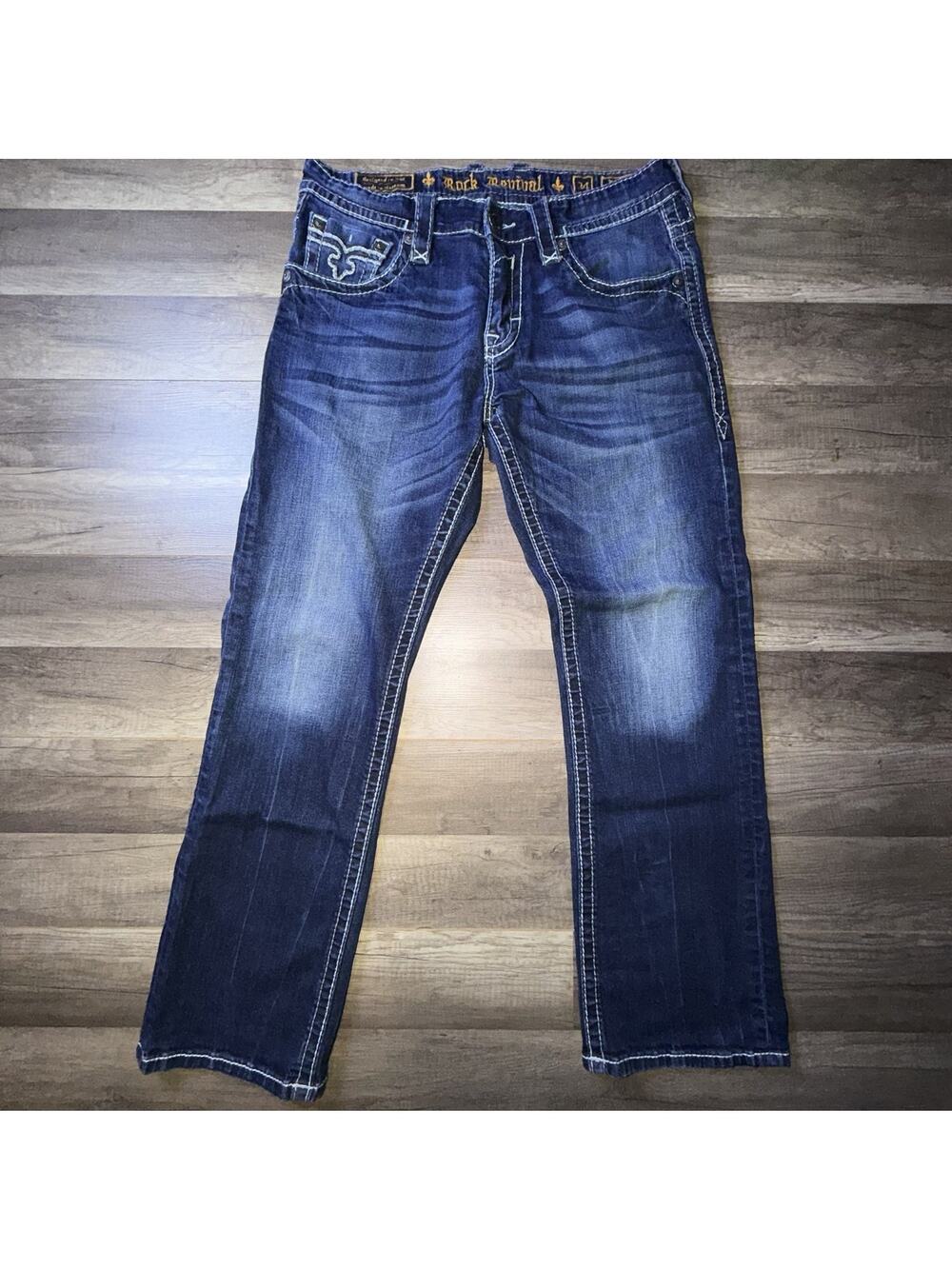 Y2K Rock Revival Ryker Straight Jeans Men’s 34x30 Dark Wash Flap Pocket Denim